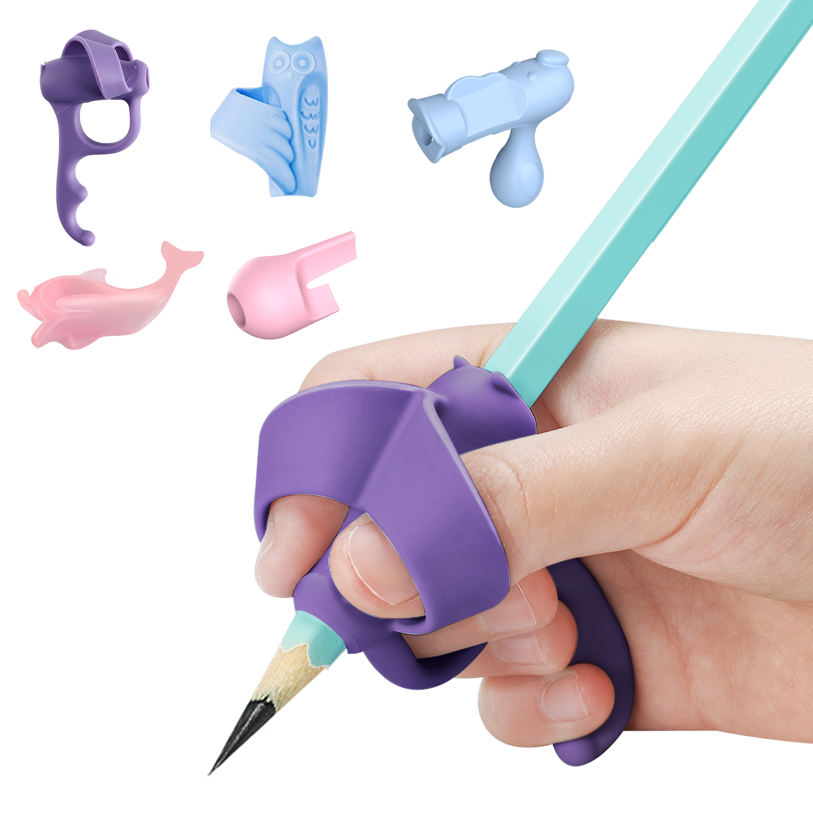 5 단계 연필 핸들 그립 새로운 디자인 쓰기 통합 자세 보조 펜 손가락 홀더 운동 조정 쓰기 핑크 블루